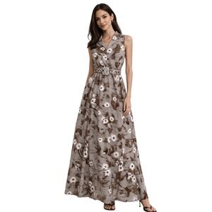 PEARL by Lela Rose Cotton Gingham Floral Maxi Dress Belted Size 8